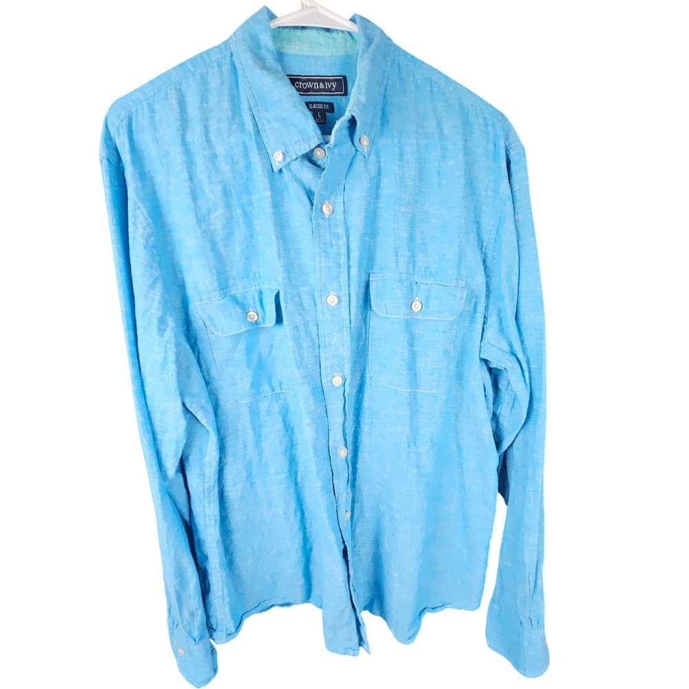 Crown & Ivy Mens Large Classic Fit Linen Cotton Button Down Shirt Blue L